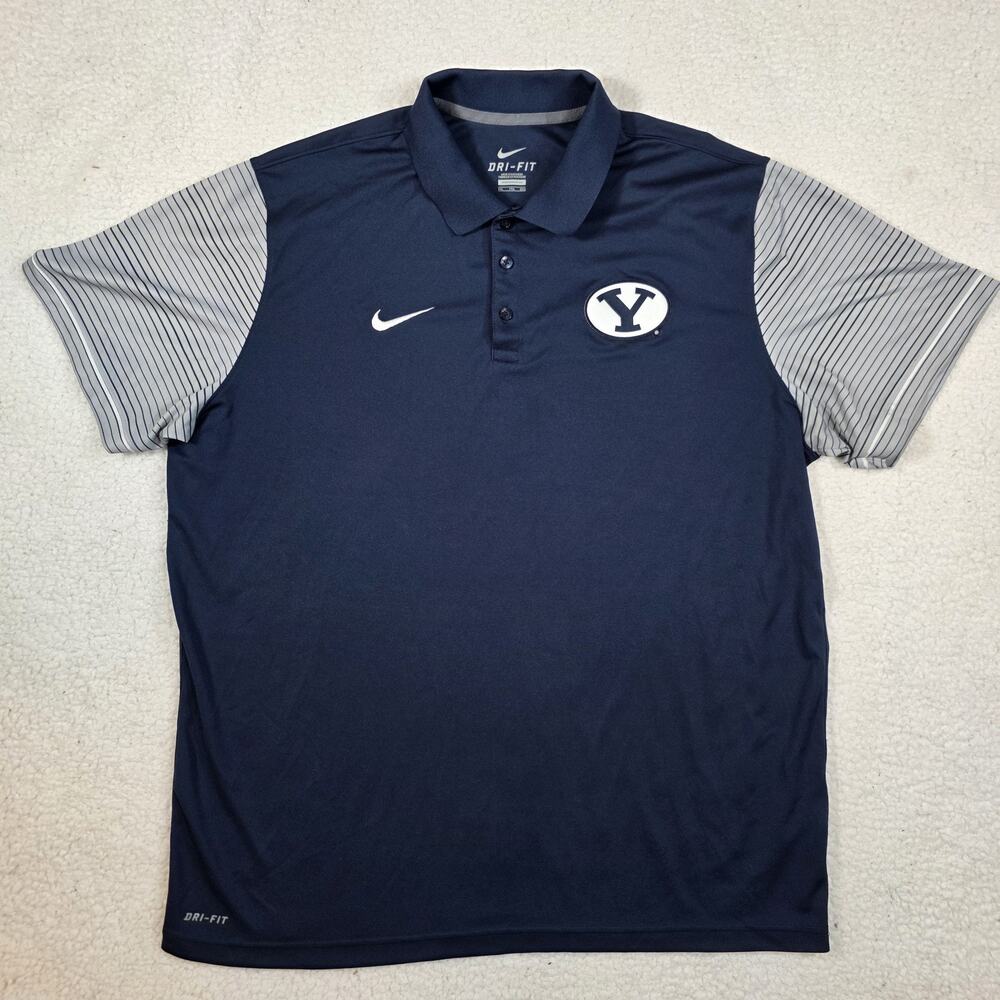BYU Cougars Nike Dri-Fit Polo Men Sz XXL Navy Blue Striped Sleeves